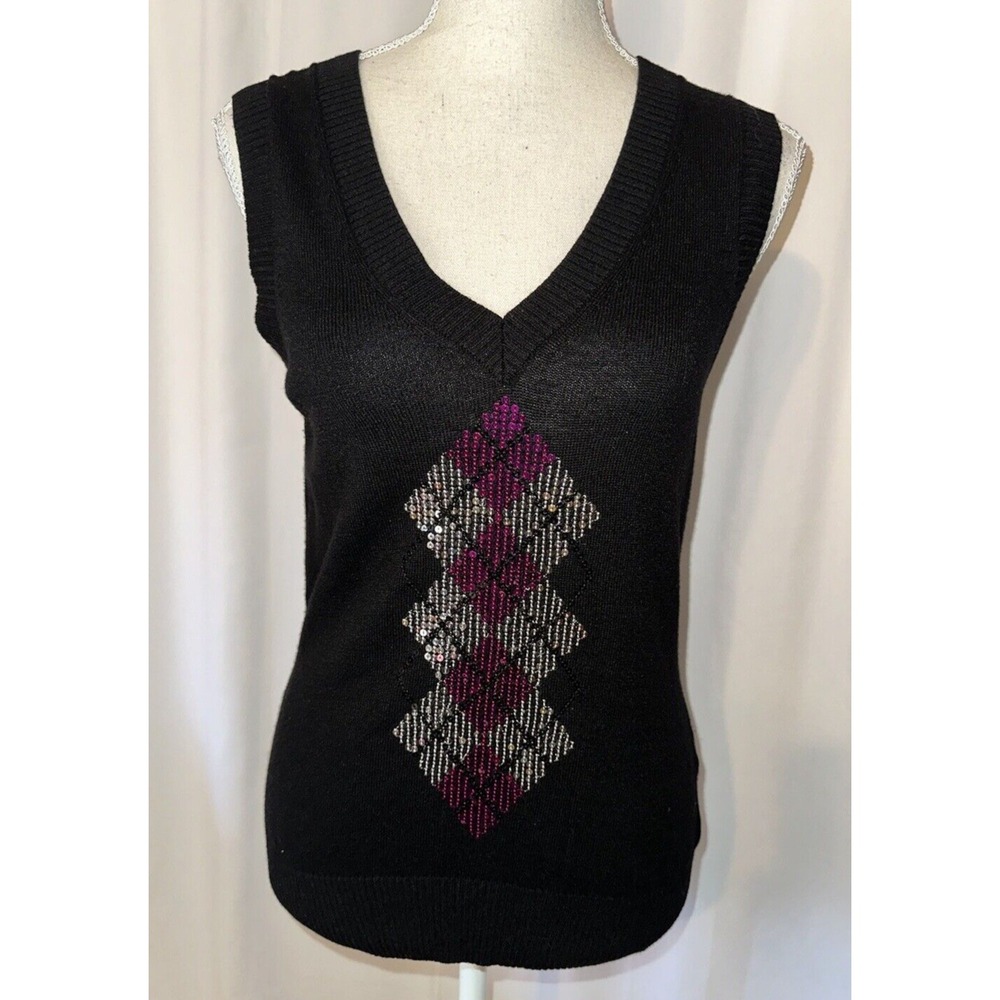 Express Sweater Vest Womens Size M Argyle Sequins Preppy Wool V Neck Sleeveless